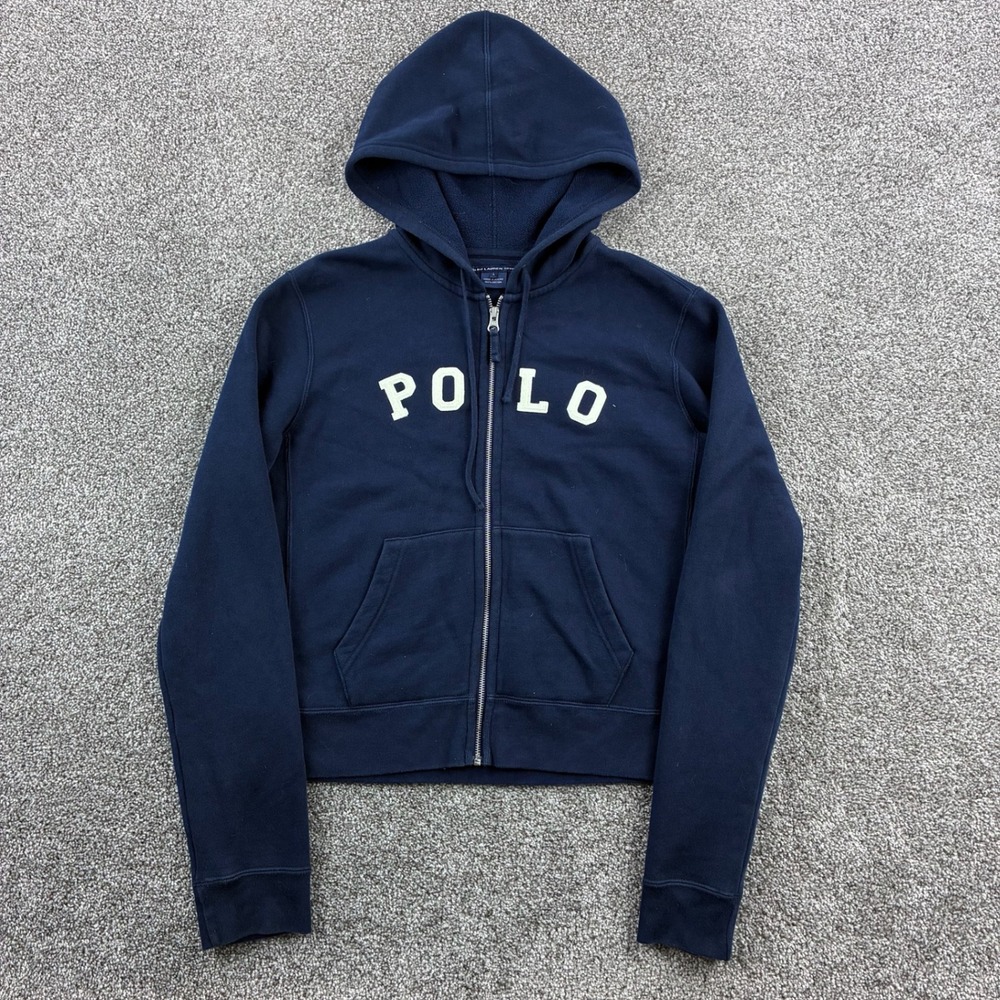 Vintage Polo Ralph Lauren Sport Hoodie Women's L Blue Baby Crop Zip Up Spellout
